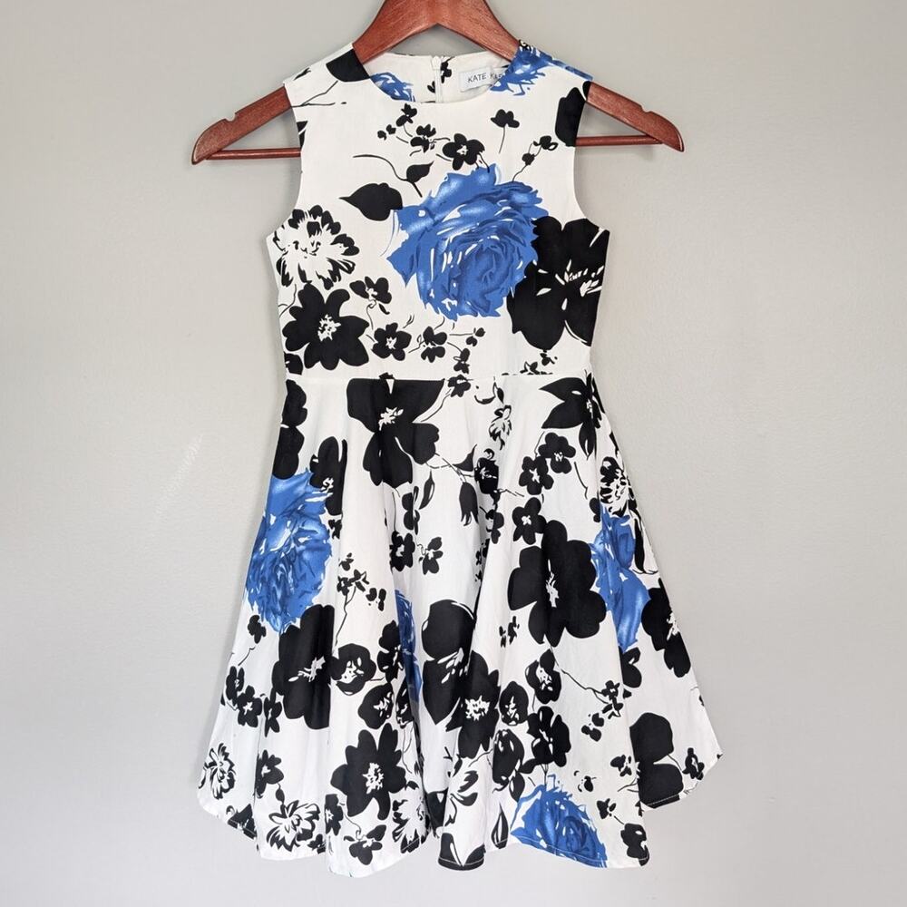 Kate Kasin Girls Blue/Black Floral Sun Dress size 7/8 Medium